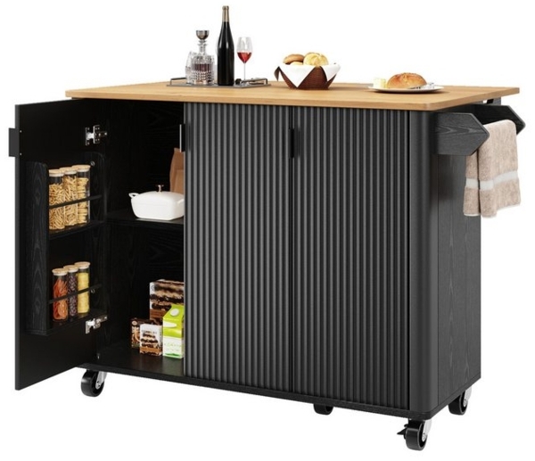 i@home Küchenwagen ausziehbarer Kücheninsel mit Holzmaserung, 130x45(75)x92cm, mit Handtuchhalter, Gewürzregal und verstellbare Ablagen, weiß/schwarz Bild 4