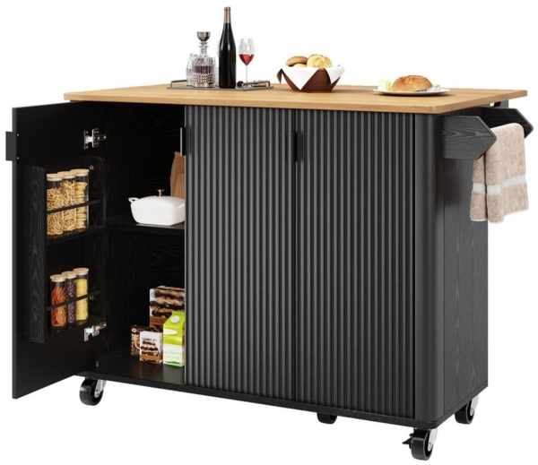 i@home Küchenwagen ausziehbarer Kücheninsel mit Holzmaserung, 130x45(75)x92cm, mit Handtuchhalter, Gewürzregal und verstellbare Ablagen, weiß/schwarz Bild 5