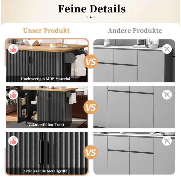 i@home Küchenwagen ausziehbarer Kücheninsel mit Holzmaserung, 130x45(75)x92cm, mit Handtuchhalter, Gewürzregal und verstellbare Ablagen, weiß/schwarz Bild 2