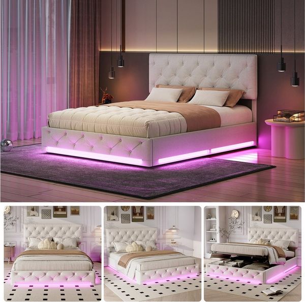 Furnishings Home Polsterbett LED Stauraumbett Doppelbett (Verstellbare Kopfteilhöhe, Hydraulisch hebbarer Stauraum), Mit LED-Beleuchtung, Lattenrost, Leinen, 160x200 cm