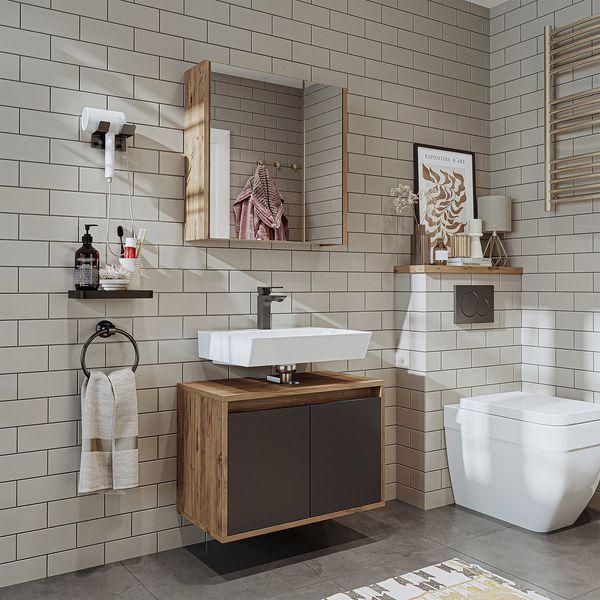 Roomart MELONA-S1-65 Badmöbel Set– 2-teiliges Badezimmermöbel Set - Unterschrank(ohne Waschbecken) mit Spiegelschrank - H 45 x B 35 x T 65 cm • Anthrazit-Eiche