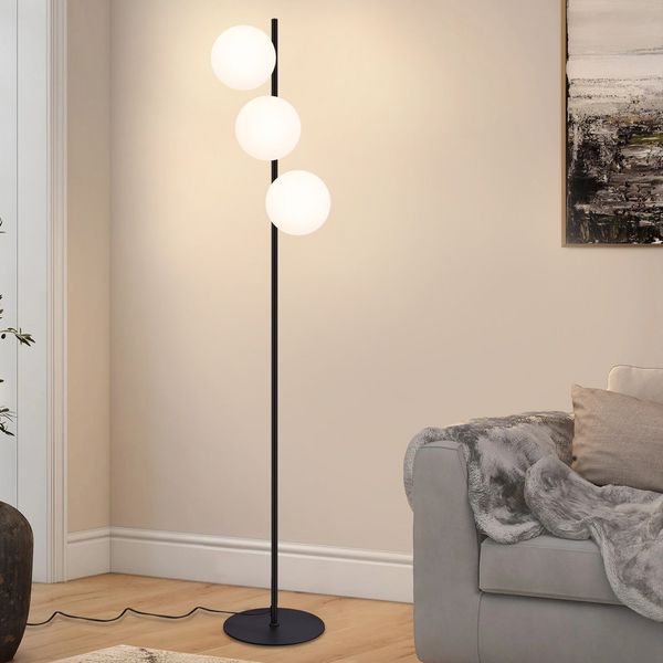 ZMH Stehlampe Wohnzimmer Industrial Standleuchte - Schwarz Modern Stehleuchte 3 Flammig mit Fußschalter Metall Design aus Weiß Glas Standlampe E27 Vintage Bodenlampe für Schlafzimmer kinderzimmer Büro