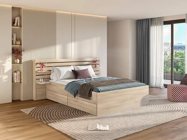Vente-unique - TENALIA Bett Holz, Platte Beige - B 216,8 cm x H 98,2 cm x L 202,8 cm