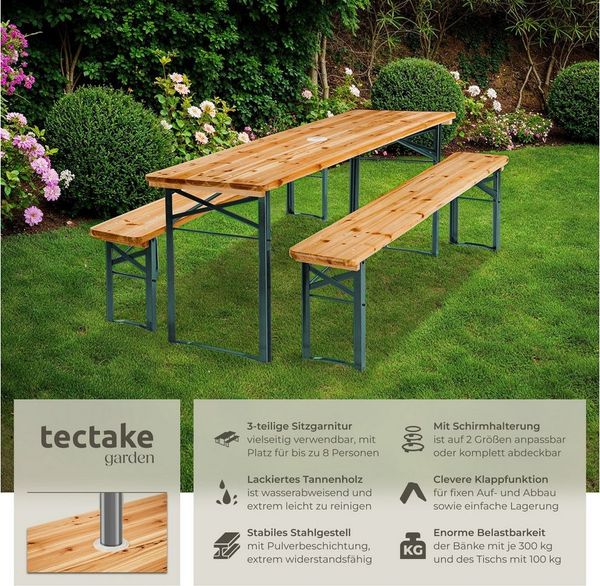 tectake Bierzeltgarnitur Festzeltgarnitur mit Sonnenschirmhalterung, Lackierung mit Klarlack, (Set, 3-tlg, in braun), Komplett vormontiertes und äußerst belastbares Gartenmöbelset