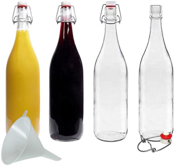 mikken Trinkflasche 4er Set Glasflasche 1 Liter mit Bügelverschluss mit Trichter, Inhalt 1000 ml Bügelverschluss aus Porzellan inklusive Einfülltrichter