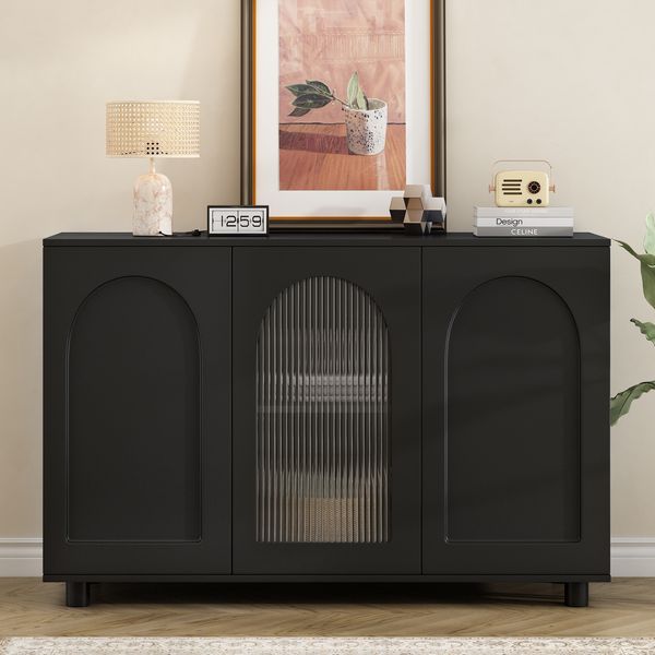 U-förmiges Sideboard schwarz mit Glastür, 120x40x78,5 cm, MDF, Push-to-Open