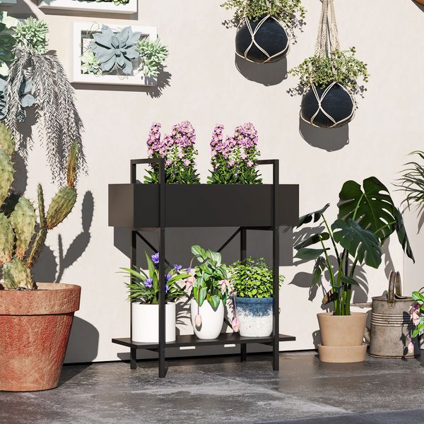 Flieks Blumenständer, 2-etagiges Metallregal, 60 x 25 x 70cm, Schwarz