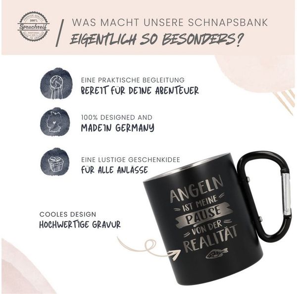 Spruchreif® Tasse Doppelwandige Edelstahltasse mit Karabinerhaken, Anglergeschenk