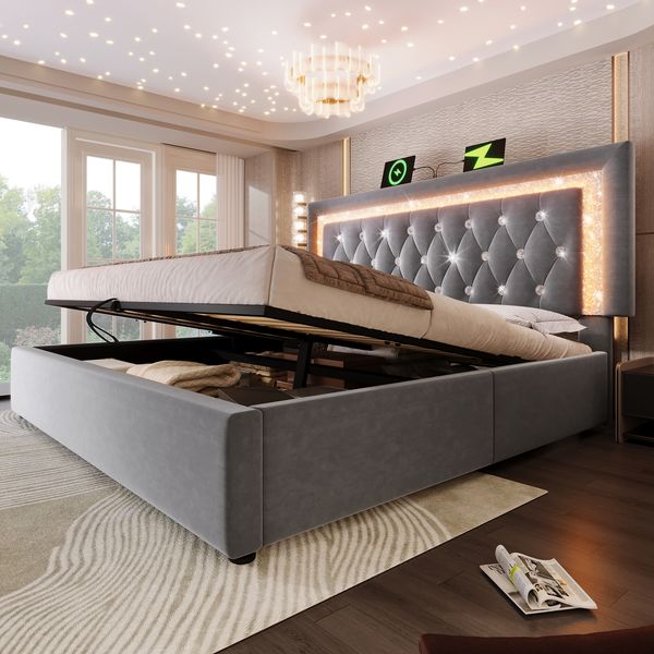 Polsterbett 160×200 cm aus Samt-Stoff mit LED-Beleuchtung und USB-Typ-C-Ladestation, grau