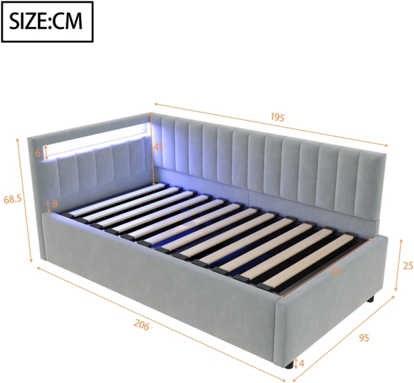 Merax Polsterbett Schlafsofa 90x200, mit LED-Beleuchtung und hydraulischem Stauraum, klassisches vertikales Streifendesign, seitliche Kopfteile mit austauschbaren Positionen, Lattenrost, Samtstoff, Hellgrau Bild 4