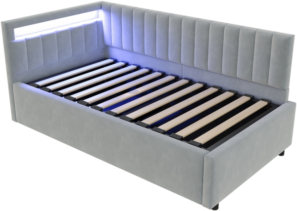 Merax Polsterbett Schlafsofa 90x200, mit LED-Beleuchtung und hydraulischem Stauraum, klassisches vertikales Streifendesign, seitliche Kopfteile mit austauschbaren Positionen, Lattenrost, Samtstoff, Hellgrau Bild 9