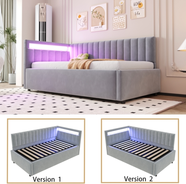 Merax Polsterbett Schlafsofa 90x200, mit LED-Beleuchtung und hydraulischem Stauraum, klassisches vertikales Streifendesign, seitliche Kopfteile mit austauschbaren Positionen, Lattenrost, Samtstoff, Hellgrau Bild 3