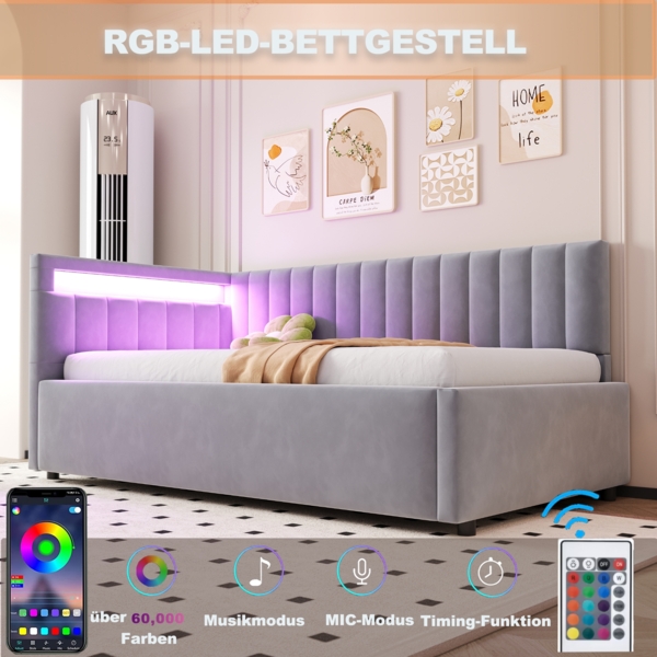 Merax Polsterbett Schlafsofa 90x200, mit LED-Beleuchtung und hydraulischem Stauraum, klassisches vertikales Streifendesign, seitliche Kopfteile mit austauschbaren Positionen, Lattenrost, Samtstoff, Hellgrau Bild 2