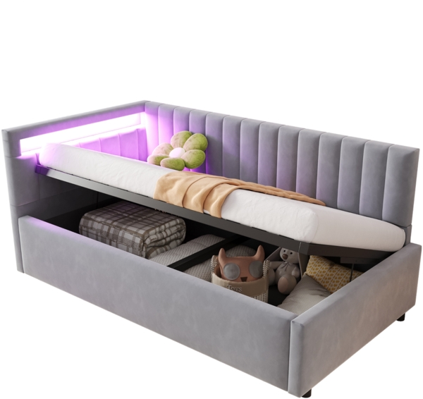 Merax Polsterbett Schlafsofa 90x200, mit LED-Beleuchtung und hydraulischem Stauraum, klassisches vertikales Streifendesign, seitliche Kopfteile mit austauschbaren Positionen, Lattenrost, Samtstoff, Hellgrau Bild 10