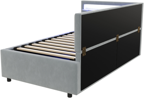 Merax Polsterbett Schlafsofa 90x200, mit LED-Beleuchtung und hydraulischem Stauraum, klassisches vertikales Streifendesign, seitliche Kopfteile mit austauschbaren Positionen, Lattenrost, Samtstoff, Hellgrau Bild 7