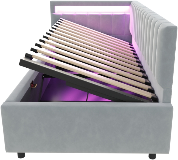 Merax Polsterbett Schlafsofa 90x200, mit LED-Beleuchtung und hydraulischem Stauraum, klassisches vertikales Streifendesign, seitliche Kopfteile mit austauschbaren Positionen, Lattenrost, Samtstoff, Hellgrau Bild 8
