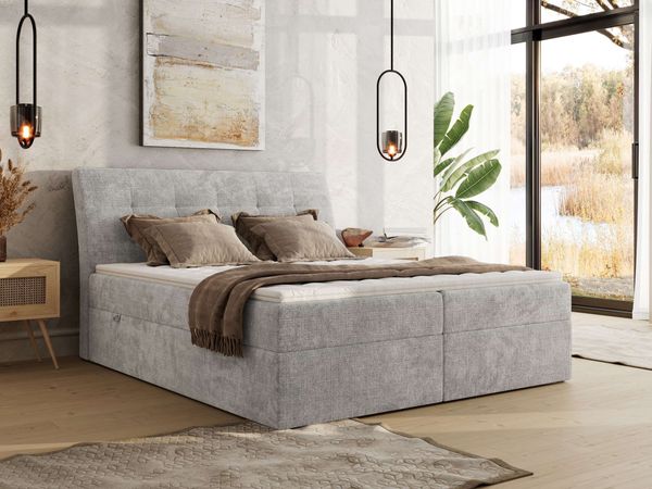 Boxspringbett DAGOS 140 x 200 cm mit Kopfteil, Lattenrost und Stauraum – Doppelbett mit Matratze & Topper T25 , stabile Konstruktion, Bettkasten, modernes Design - Hellgrau Schenille grob gewebt - H4