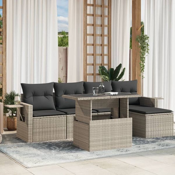 vidaXL 6-tlg. Garten-Sofagarnitur mit Kissen Hellgrau Poly Rattan 3267872