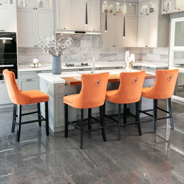 Barhocker Samt Orange H 104 x T 57 x B 46 cm mit Massivholzbeinen, 2er-Set