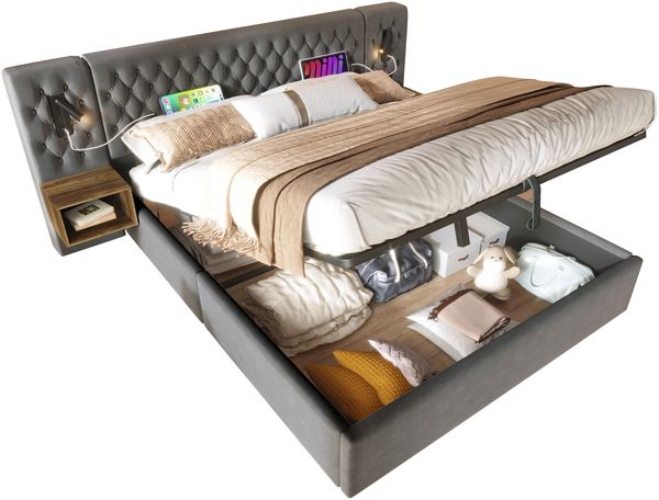 Merax Polsterbett Hydraulisch Stauraumbett Doppelbett 180×200 cm mit 2 Nachttischen, Kopfteil Leselicht mit USB Ladefunktion, Samt, Grau Bild 10