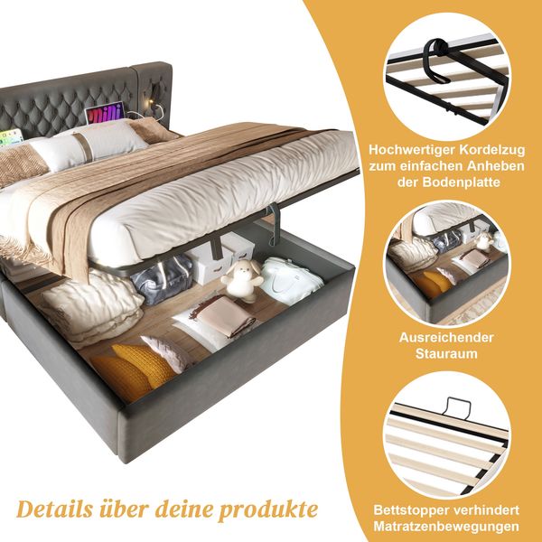Merax Polsterbett Hydraulisch Stauraumbett Doppelbett 180×200 cm mit 2 Nachttischen, Kopfteil Leselicht mit USB Ladefunktion, Samt, Grau Bild 5