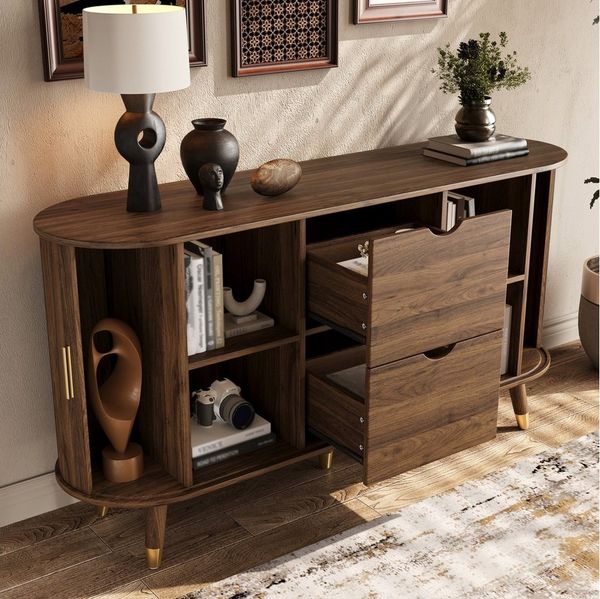 REDOM Sideboard 140x79,5x40 cm mit vertikaler Maserung (Packung, 1 St, Abgerundeter Eckschrank fürs Wohnzimmer), Zwei Schiebetüren & Schubladen, Massivholzbeine