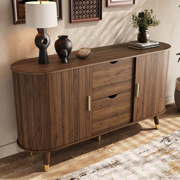 REDOM Sideboard 140x79,5x40 cm mit vertikaler Maserung (Packung, 1 St, Abgerundeter Eckschrank fürs Wohnzimmer), Zwei Schiebetüren & Schubladen, Massivholzbeine