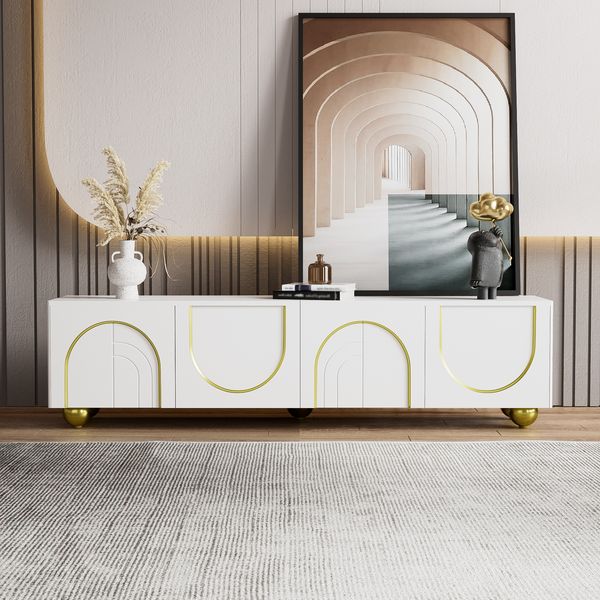 TV-Schrank, lowboard mit strukturierten Türen, TV-Möbel mit Schubladen, offenen Fächern, goldenen Griffen und goldenen Füßen