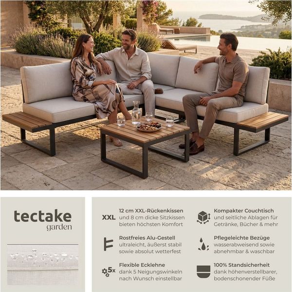 tectake Gartenlounge-Set Aluminium Garten-Lounge-Set, (Set, 1-tlg), Tisch und seitliche Ablageflächen aus robustem Polywood