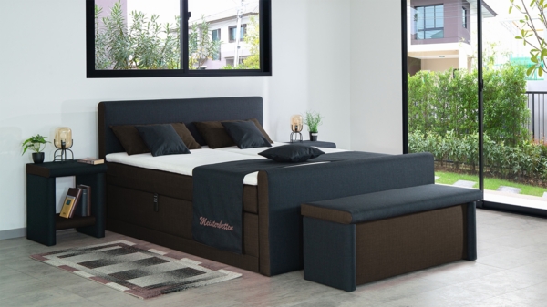 Meisterbetten Boxspringbett Amos 200x200 in W-Dark Brown in W-Black, Matratzenbezug Nano, Ergoflex-Topper, mit Fussteil