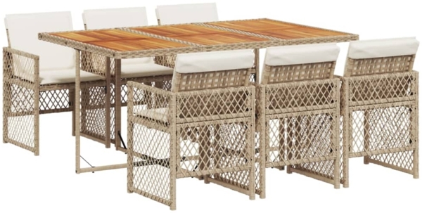 vidaXL 7-tlg. Garten-Essgruppe mit Kissen Beige Poly Rattan 3210736