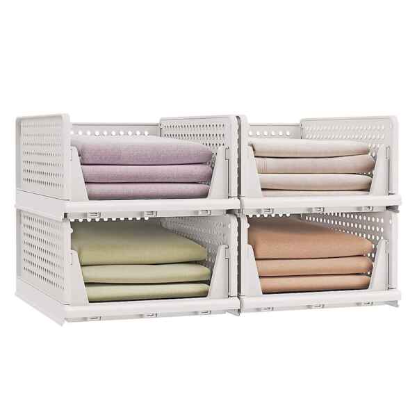 SONGMICS Schrank-Organizer klappbar, Kleiderschrank-Organizer stapelbar, ausziehbarer Korb 4er Set, Aufbewahrung und Organisation, Kunststoff, Schlafzimmer, Büro, Badezimmer, weiß