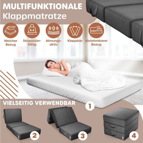 KESSER® Klappmatratze Gästematratze 3-fach Faltmatratze faltbar zum Sitzhocker | Schaumstoff 25kg/m³ extra dick 15cm atmungsaktiv waschbar abnehmbarer Bezug | Matratze inkl. Camping Tragetasche Anthrazit, 75 x 195 x 15 cm