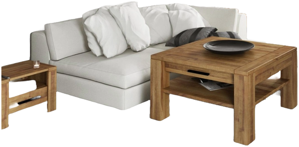Couchtisch Lubic aus Wildeiche massiv 90x90x53 cm mit 1 Schublade und Holzbeinen