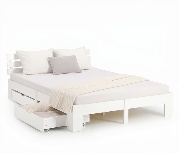 Doppelbett mit 2 Bettkästen 180x200 cm Lattenrost Bett Weiß Holzbett Bettgestell Futonbett