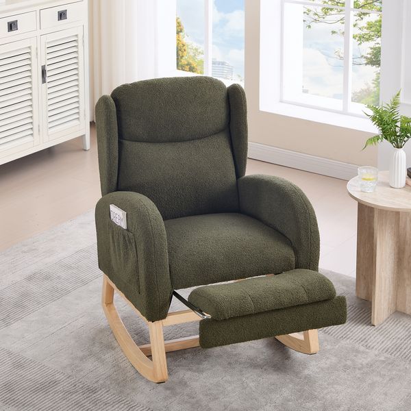 Schaukelstuhl im Wingback-Design, Teddy-Stoff, mit Fußhocker, ergonomisch, 110 kg belastbar, für Wohnzimmer,Grün