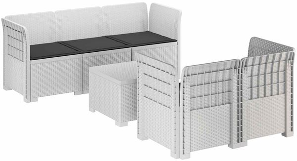 vidaXL 5-Sitzer Gartensofa mit Kissen Rattan-Look PP Weiß 3443899