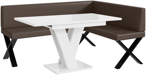 MEBLINI Eckbank für Esszimmer mit ausziehbarem Tisch - Küchenbank - Essecke - Sitzecke Küche - ERIC - X-Beine 128x168x87cm Rechts - Braun Kunstleder/M Weiß Hochgl.