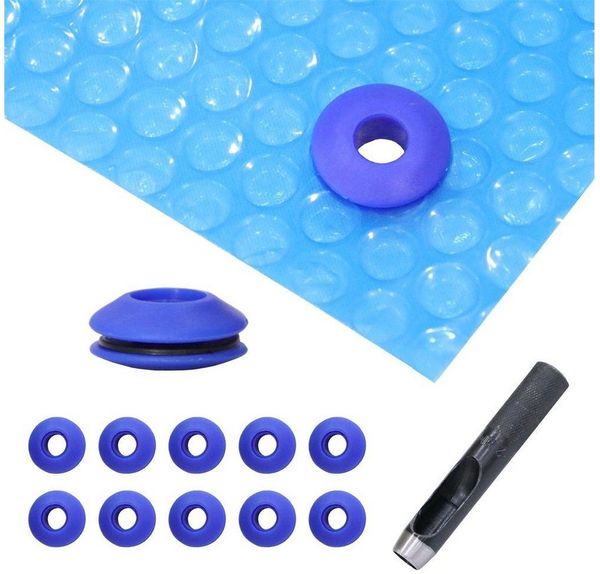 Feel2Home Pool-Abdeckplane 10 Stück Poolfolie Ösen blau + Locheisen Kunststoff Abdeckplane (Set, 2-St, Set bestehend aus Solarfolie und 10 Kunststoff Ösen mit Locheisen), aus PVC