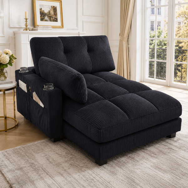 4-Sitzer Sofa m. Hocker+Stauraum, Samt, Getränkehalter, Seitentaschen, Schwarz