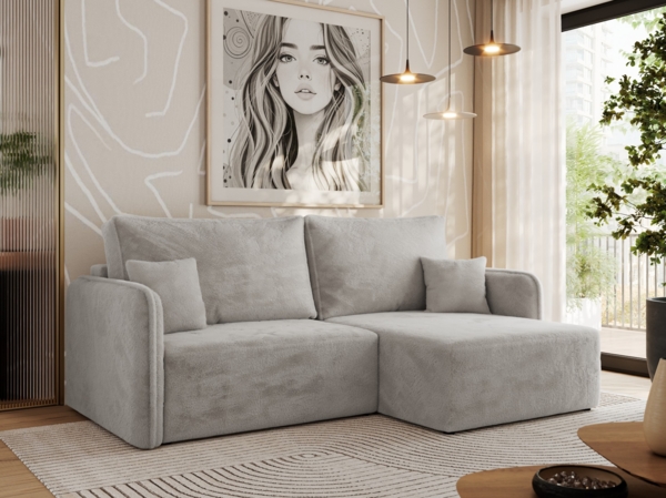 L-förmiges Ecksofa mit Armlehnen, für das Wohnzimmer, Schlaffunktion und Bettkästen, Wellenfeder am Sitz, losen Kissen - MESTO - Hellgrau Plüschstoff - rechte Seite Bild 1