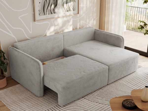 L-förmiges Ecksofa mit Armlehnen, für das Wohnzimmer, Schlaffunktion und Bettkästen, Wellenfeder am Sitz, losen Kissen - MESTO - Hellgrau Plüschstoff - rechte Seite Bild 3