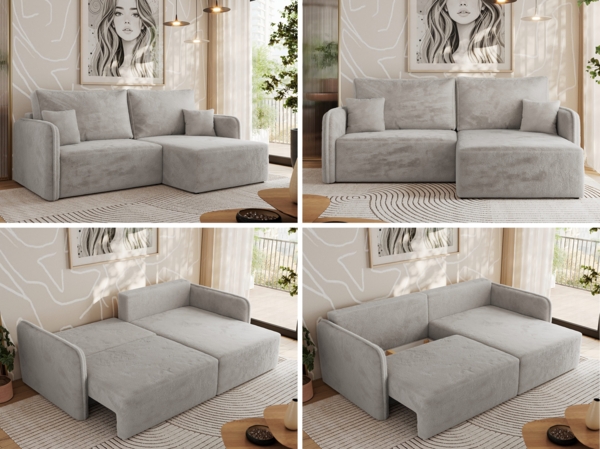 L-förmiges Ecksofa mit Armlehnen, für das Wohnzimmer, Schlaffunktion und Bettkästen, Wellenfeder am Sitz, losen Kissen - MESTO - Hellgrau Plüschstoff - rechte Seite Bild 2