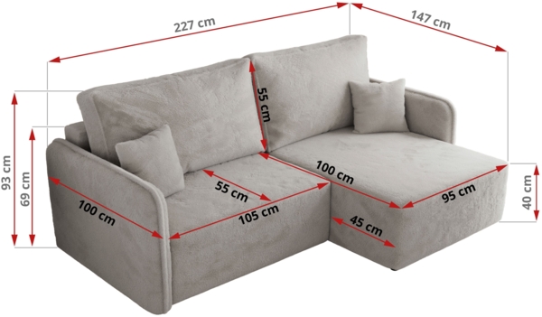 L-förmiges Ecksofa mit Armlehnen, für das Wohnzimmer, Schlaffunktion und Bettkästen, Wellenfeder am Sitz, losen Kissen - MESTO - Hellgrau Plüschstoff - rechte Seite Bild 6