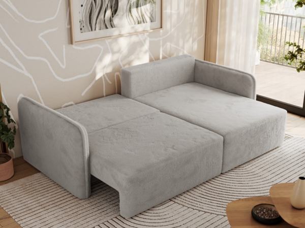 L-förmiges Ecksofa mit Armlehnen, für das Wohnzimmer, Schlaffunktion und Bettkästen, Wellenfeder am Sitz, losen Kissen - MESTO - Hellgrau Plüschstoff - rechte Seite Bild 4