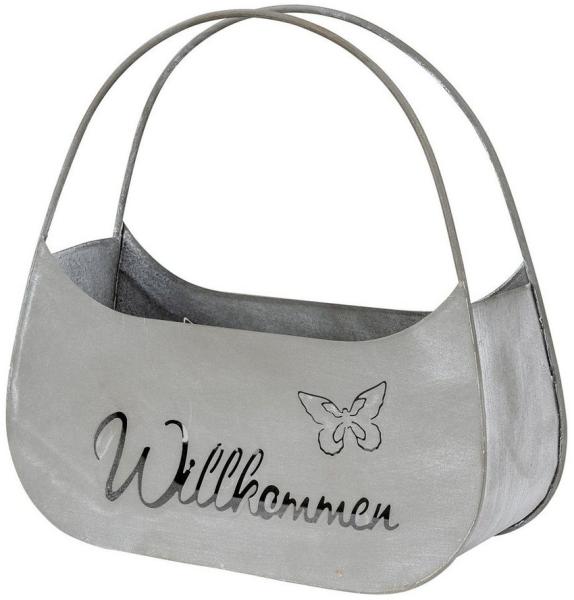 Levandeo® Blumentopf, Blumentopf Tasche Willkommen L25cm Grau Metall Pflanztopf Garten-Deko