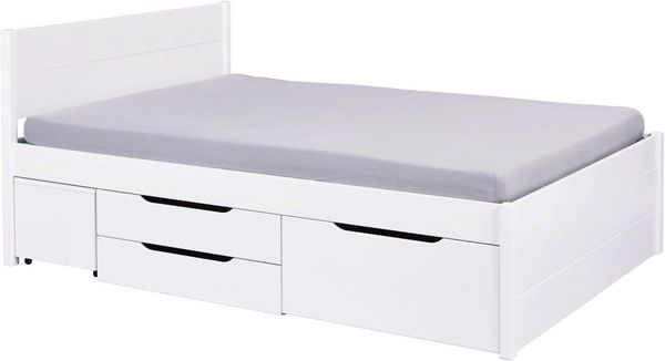 Inter Link - Bett mit Schubladen - Doppelbett 160x200 cm – Kojenbett mit Stauraum – Kiefer massivholz – 4 Schubladen und 2 Schubkasten – Inkl Lattenrost – Weiß lackiert – Efetivo 160x200 cm