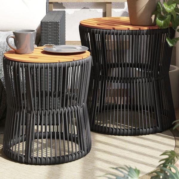 2 pcs Gartentische, Beistelltische mit Holzplatte Schwarz Poly Rattan