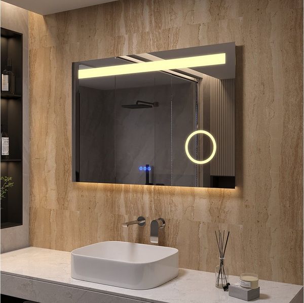 AQUABATOS LED-Lichtspiegel Badezimmer Spiegel Badspiegel Wandspiegel mit Beleuchtung Licht Led (mit/ohne Uhr), (3 Lichtfarben/Kaltweiß), (mit/ohne Bluetooth), mit/ohne Schminkspiegel), 100x70cm beschlagfrei