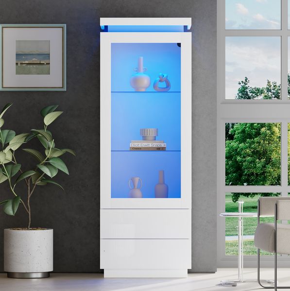 Vitrine Weiß Hochglanz, 60x40x171 cm mit Acrylfront, App-LED & 2 Schubladen
